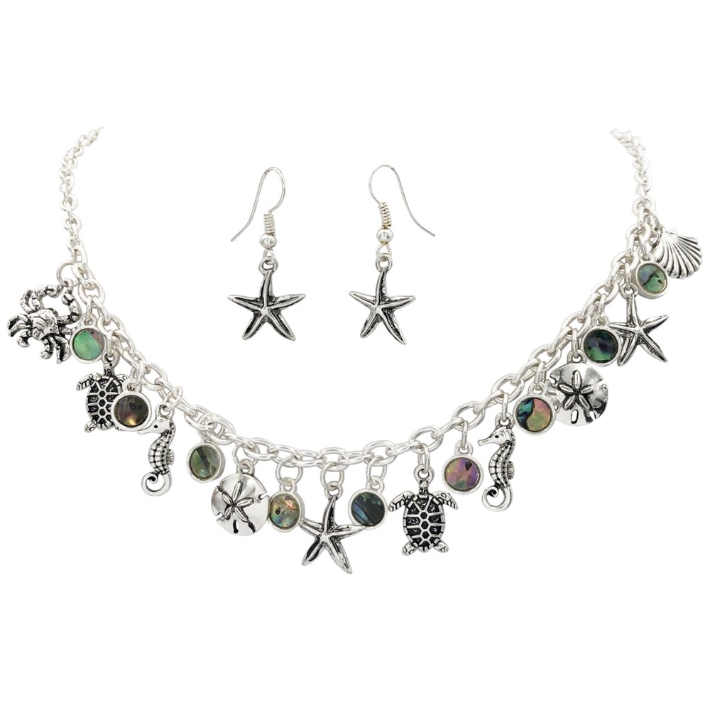 Mixed Sea Life Charm Bead Necklace Earrings Set